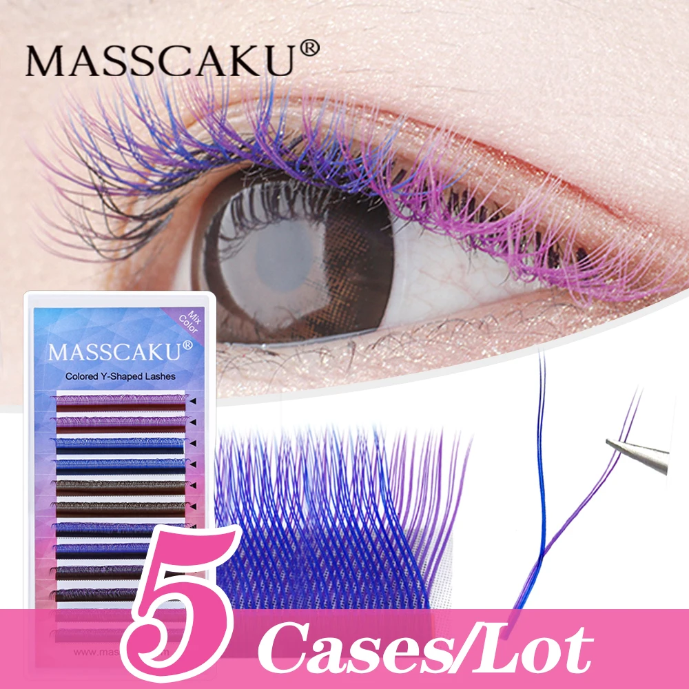 5case/lot New Arrival Masscaku Colorful YY Shape Lashes 8-15mm Synthetic Mink Eyelashes Blue Purple W Style Eyelash Exyensions