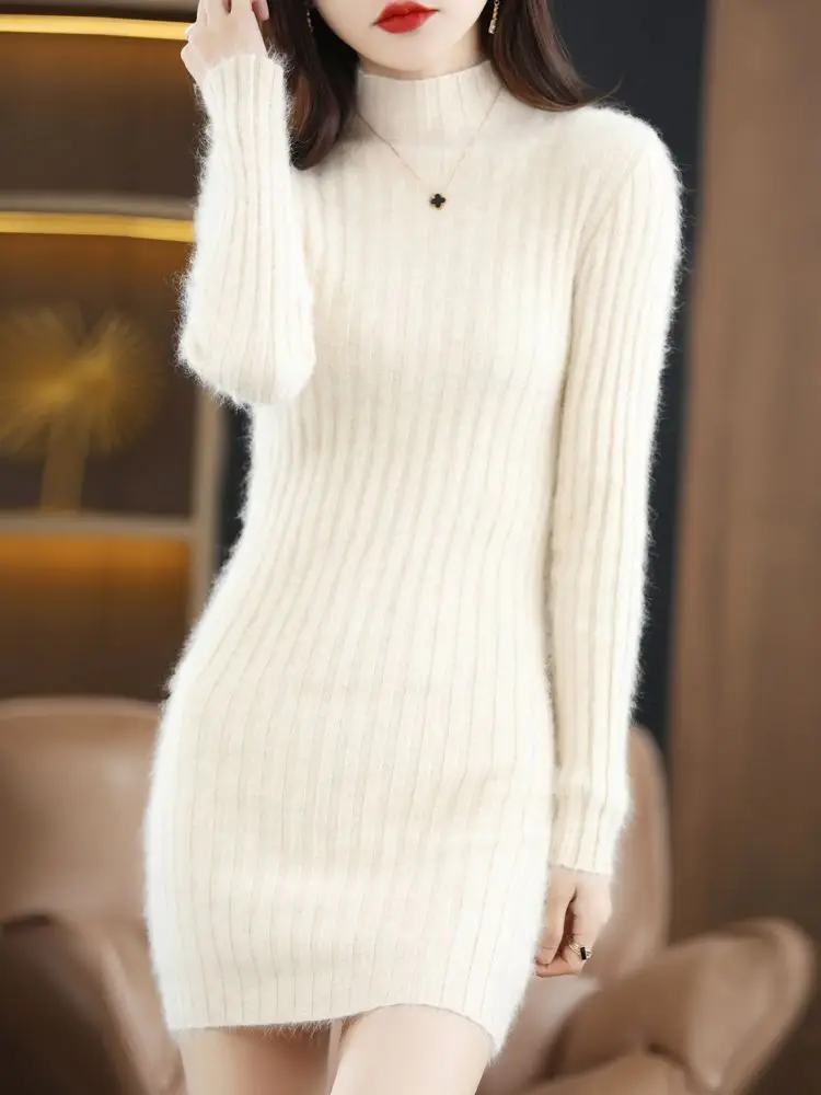 Женский длинный норковый кашемировый вязаный пуловер-свитер с высоким воротом и