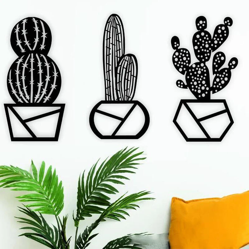 

BEEKBING 3pcs/lot Cactus Metal Wall Art Silhouette Iron Decoration Painting Home Art Decor