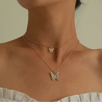double layer full diamond butterfly pendant necklace new choker necklaces for women fashion wedding party jewelry gifts collares