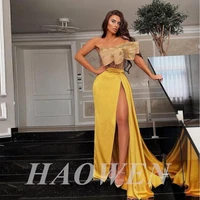 haowen gold sexy slit prom dresses with big bow strapless lace appliques side splt evening dress women birthday gowns