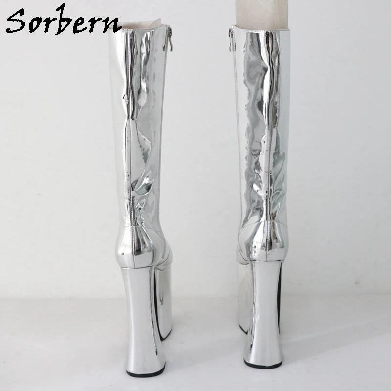 Sorbern Metallic Block Heel Boots Women Knee High Drag Queen Shoes Thick Platform Fetish High Heels Round Toe Hollow Out Front