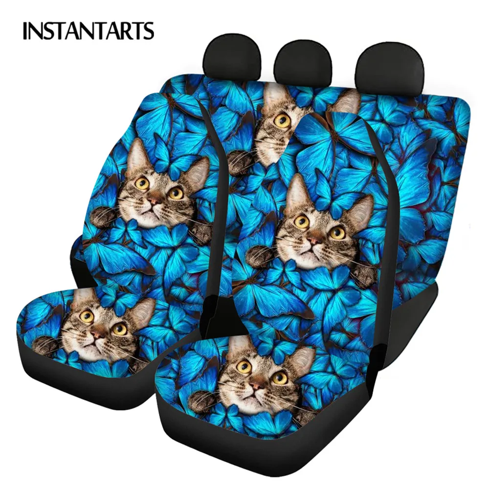 INSTANTARTS Cartoon Trim Seat Covers for Auto Cute Cat Pattern Durable Fade Resistant Polyester Mats Creative Vehicle Decoration