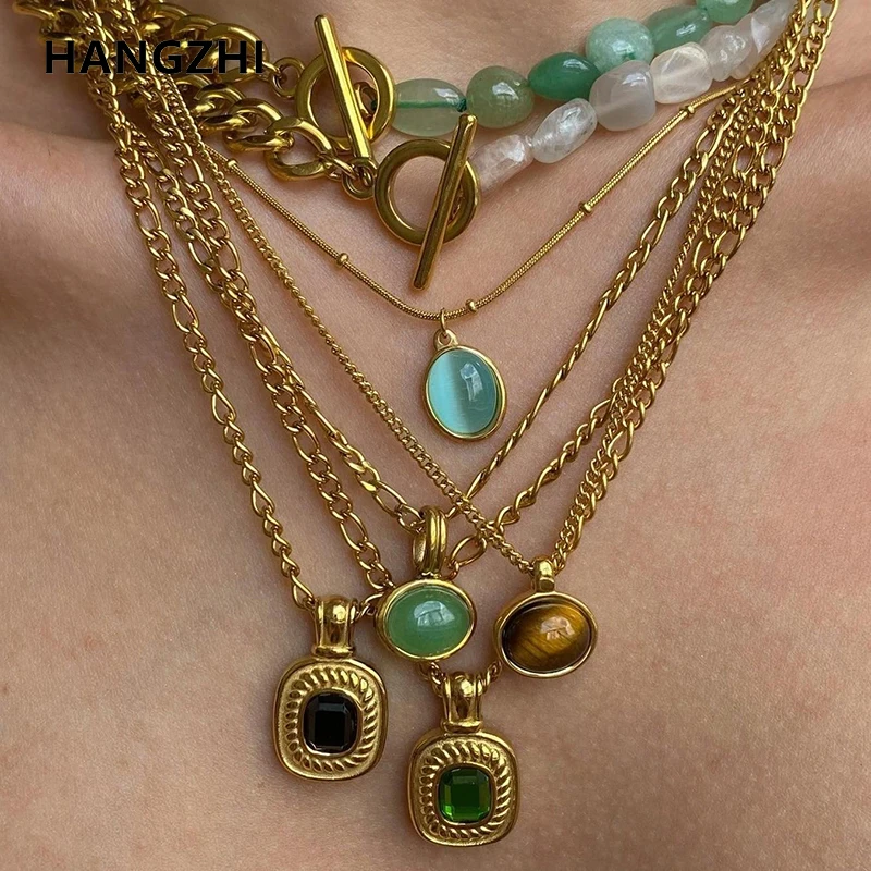 

Подвеска HangZhi с коричневым узором из натурального камня, модное ожерелье из нержавеющей стали с покрытием, ювелирное ожерелье для женщин и м...