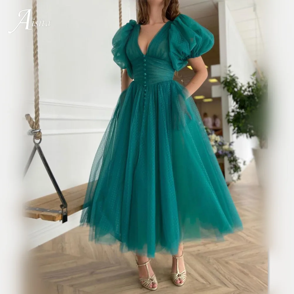 

Green A-line Prom Dresses Princess Party Dresses With Puffy Sleeves Glitter Prom Gowns Birthday Party Dresses Robe De Soiree