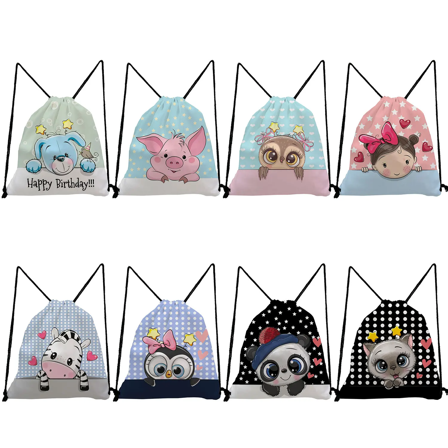 

Portable Backpacks for Students Drawstring Pocket Lovely Cartoon Animal Pattern Cute Owl Penguin Zebra Bear Pig Print Shoes Bag