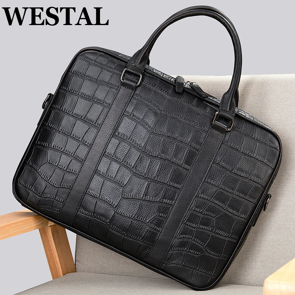 WESTAL Croco Design Leather Briefcases 15'' Laptop Bags Men's Executive Briefcase Portafolio Business Men Bags for Documents