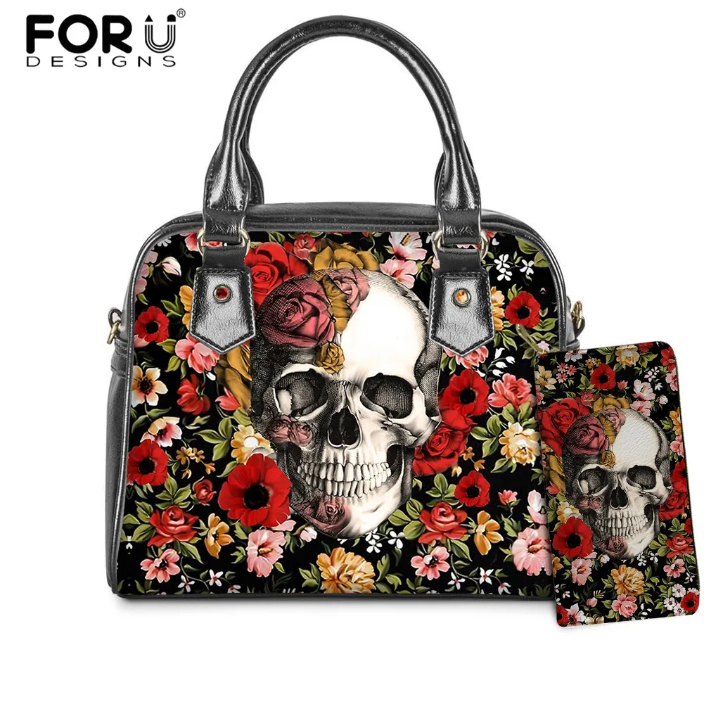 

FORUDESIGNS Women Fashion Saddle Bag and Wallet Floral Skull Design Cool Personality Casual Lightweight Handbag for Young Ladies