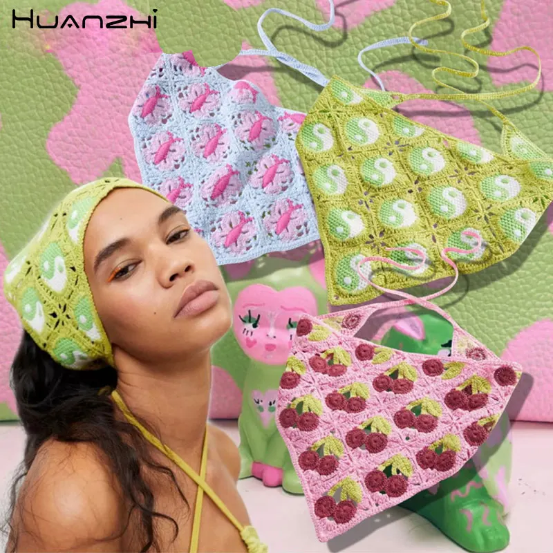 

Triangle Bandana Turban Crochet Hair Scarf Butterfly Tai Chi Cheery Hairband Knitted Headband for Women Trend Y2K Hair Accessory