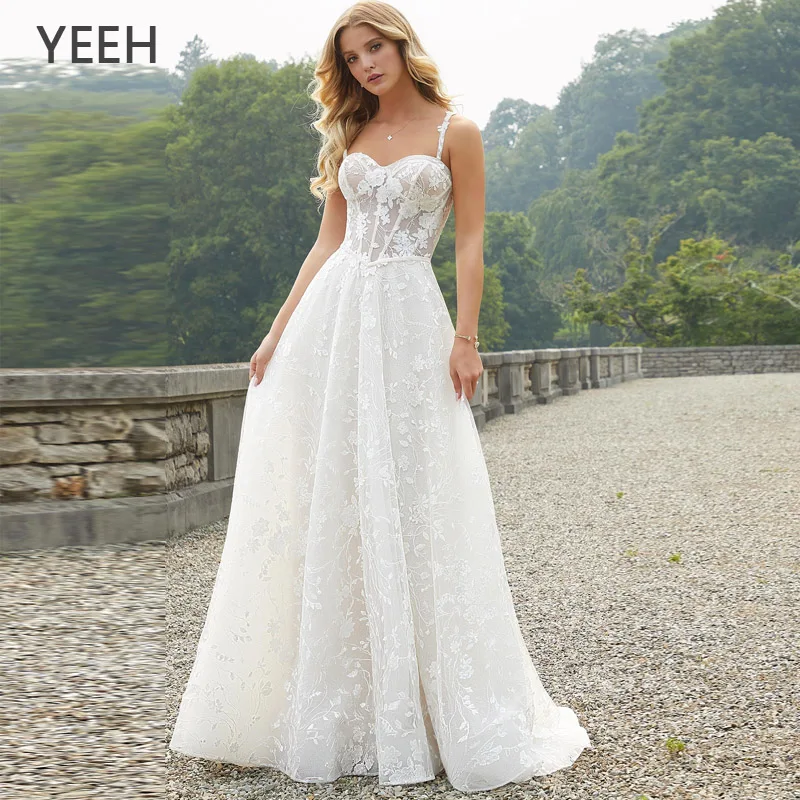 

YEEH Sweetheart Spaghetti Strap Boho Wedding Dresses Elegant Lace Floarl Print Bridal Gowns A-Line Sweep Train Vestido De Novia