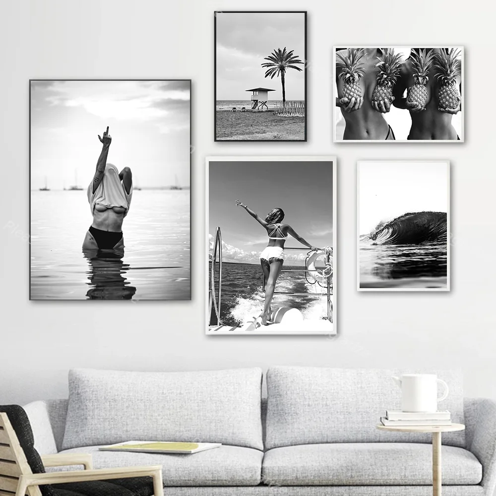 Black And White Vintage Posters Beach Surf Girl Wall Art Canvas Painting Retro Prints Nordic Pictures for Living Room Home Decor 3