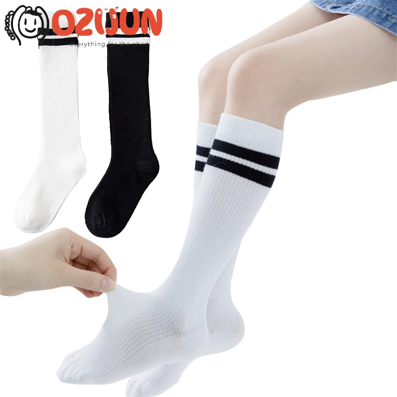 Kids Mesh Cotton Thin Socks Uniform Sports Athletic Two Striped Knee High Socks Soccer Team Tube Socks for Child Boy Girl 0-12 Y