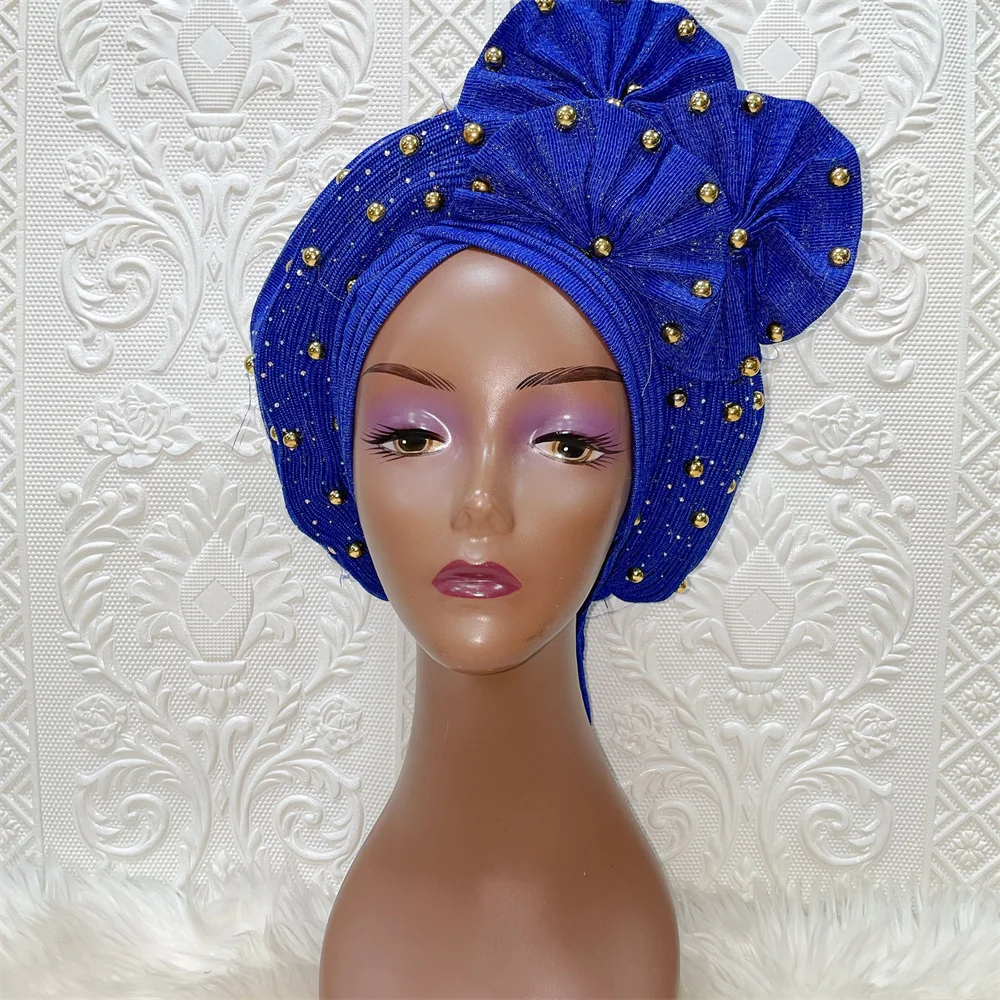 

Африканские шапочки под хиджаб с бусинами уже сделанные Авто Aso Oke Gele головной убор мусульманский тюрбан головной убор дамская шляпа Авто Ке...