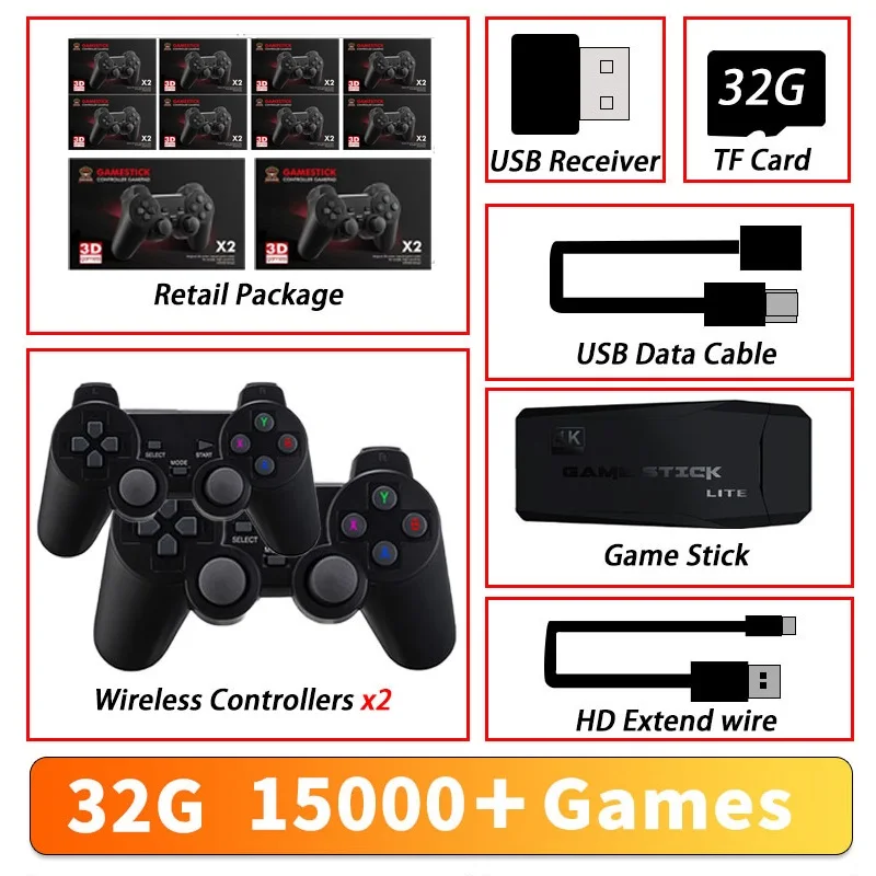 

32GB Retro games Dropshipping Video Game Console 2.4G Double Wireless Controller Game Stick Video Game Stick 4K 15000 games