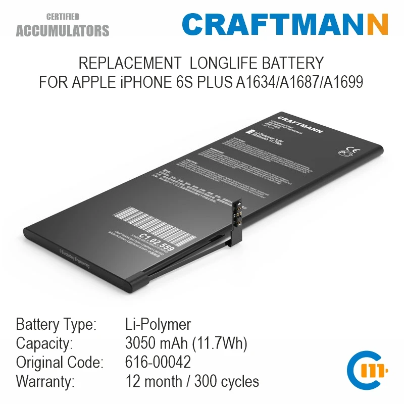 

Craftmann Battery 3050mAh for APPLE iPHONE 6S PLUS A1634/A1687/A1699 (616-00042)