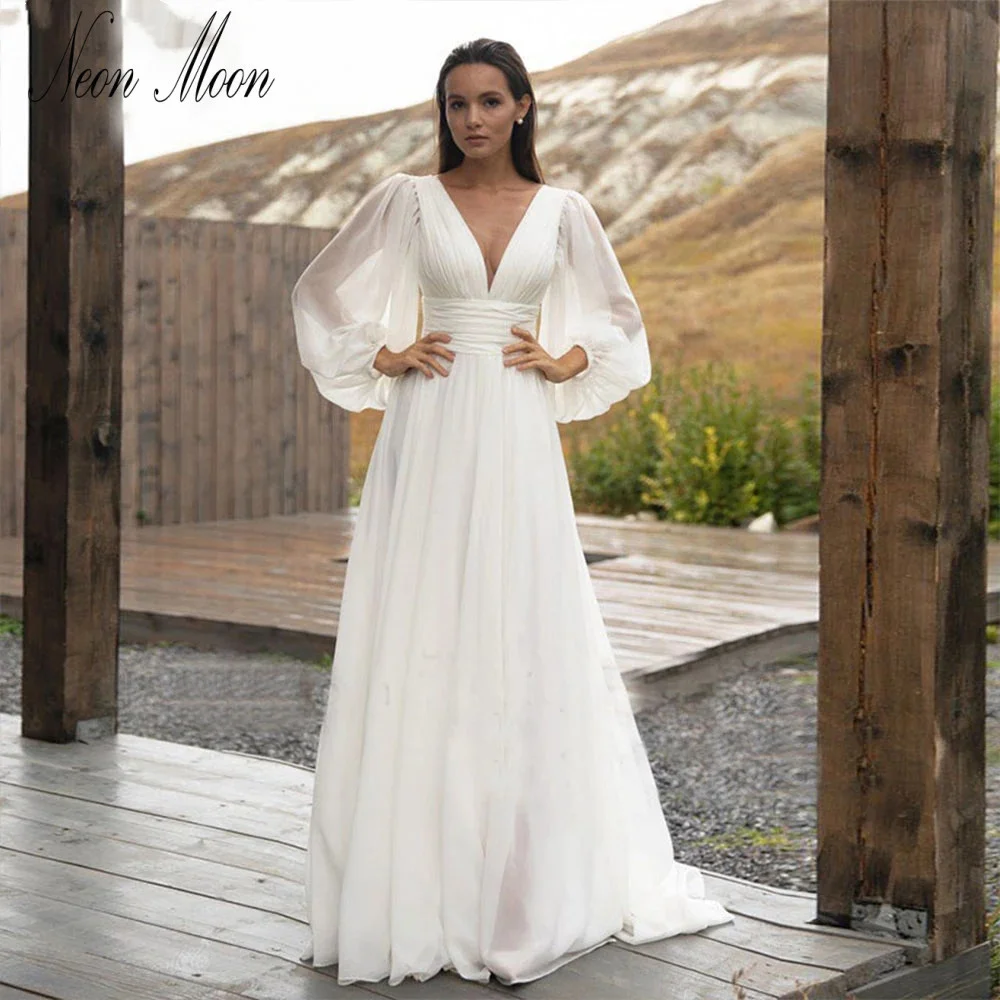 

Женское свадебное платье со шлейфом It's yiiya, белое плиссированное платье-трапеция с V-образным вырезом, длинными рукавами-фонариками и открытой спиной на лето 2019