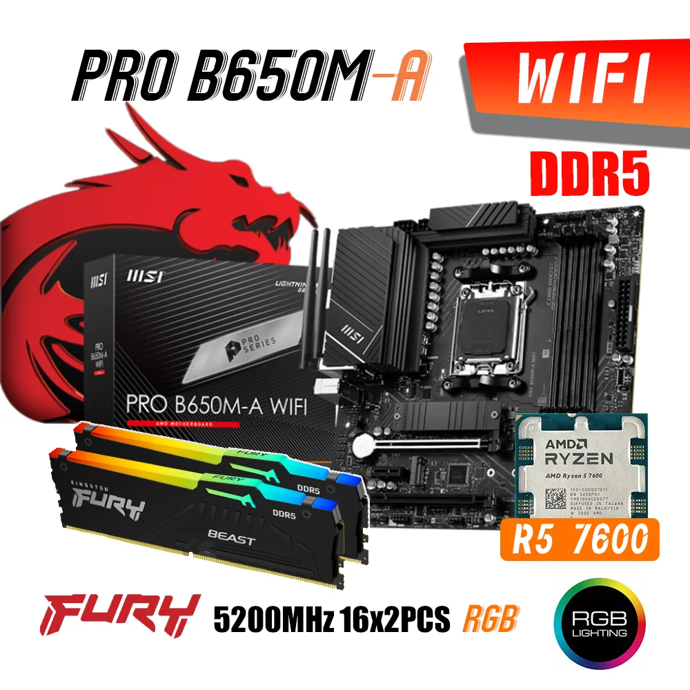 

Combo MSI PRO B650M-A WIFI DDR5 AM5 Motherboard With AMD Ryzen 5 7600 Processor Kit Fury 5200MHz 16G x2 RGB DDR5 Memory NEW