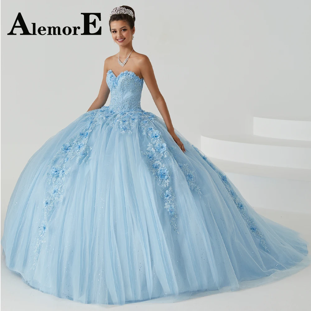 

Alemore Romantic Ball Gown Quinceanera Dresses Sweetheart 3D Flowers Sleeveless Appliques Pleat Personalised Abendkleider