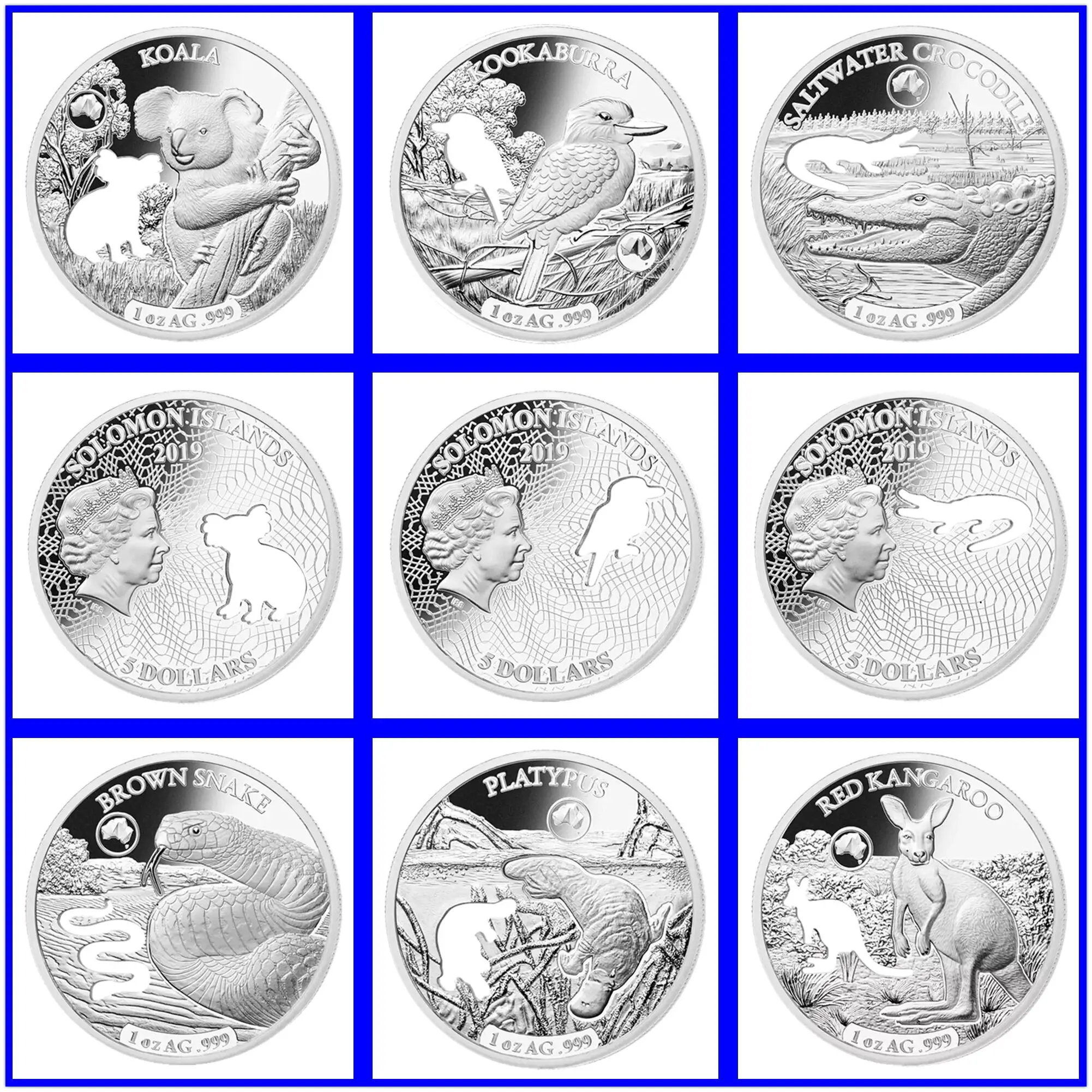 

6pcs/lot 2019 Australian Animal Koala Snake Kookaburra Kangaroo Crocodie 1oz Fine Silver Coins Elizabeth II Commemorative Coin