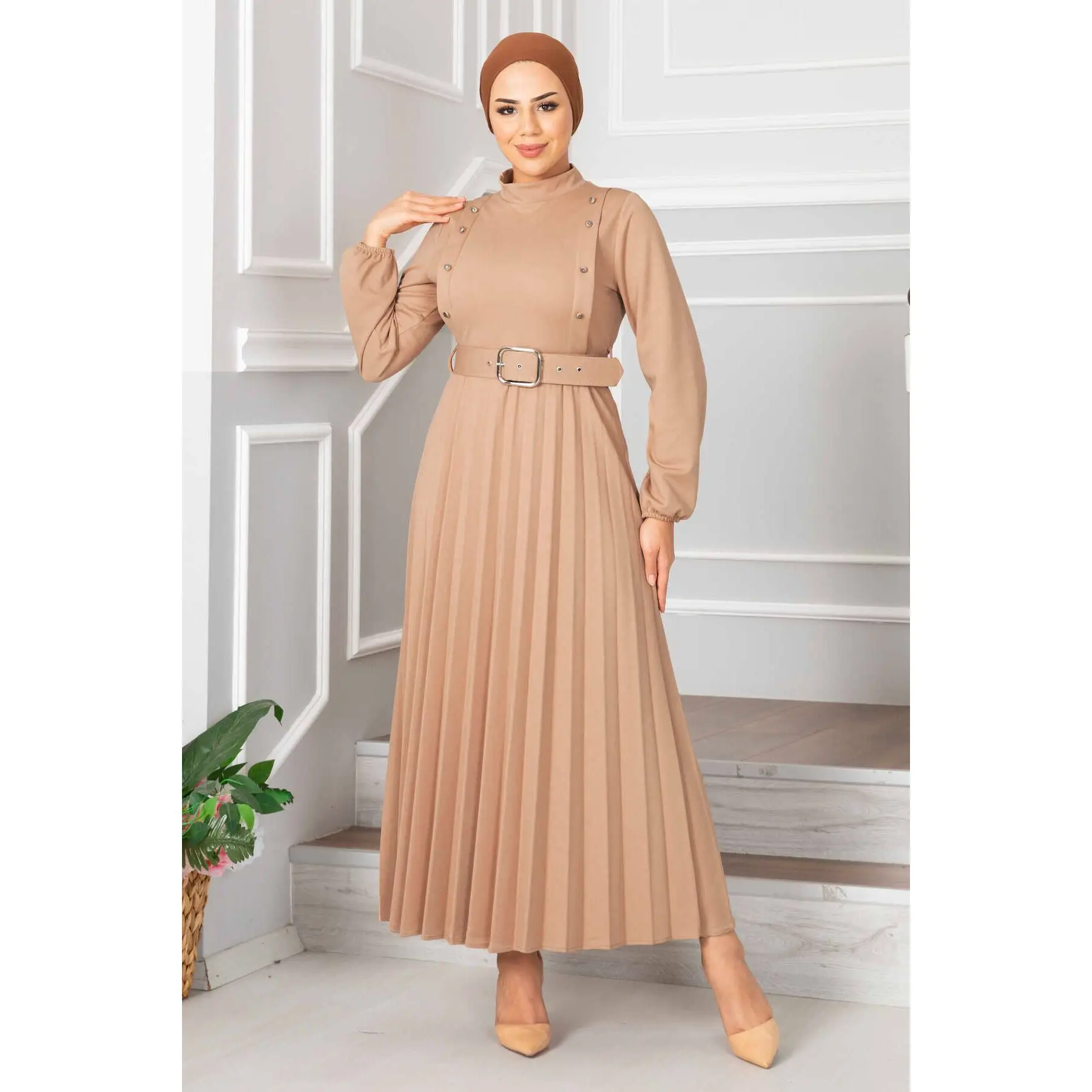 Muslim Women's Buttoned and Belted Pleated Maxi Dress Muslim Fashion Modest Clothing Morocain Abaya Kaftan Dubai Turkey 2023