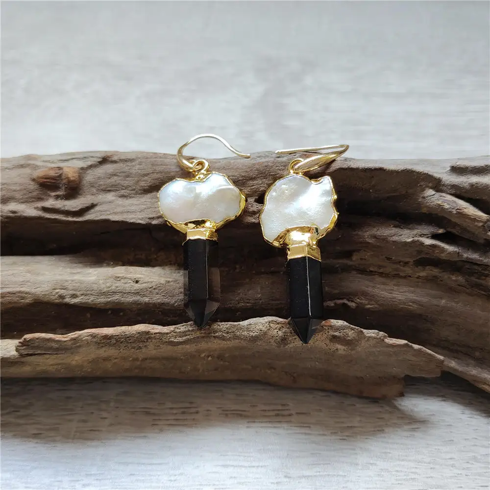 FUWO Wholesale Freshwater Pearl Crystal Earrings,Gold Color Trimmed Natural Stone Point Jewelry For Women ER545 5Pairs/Lot