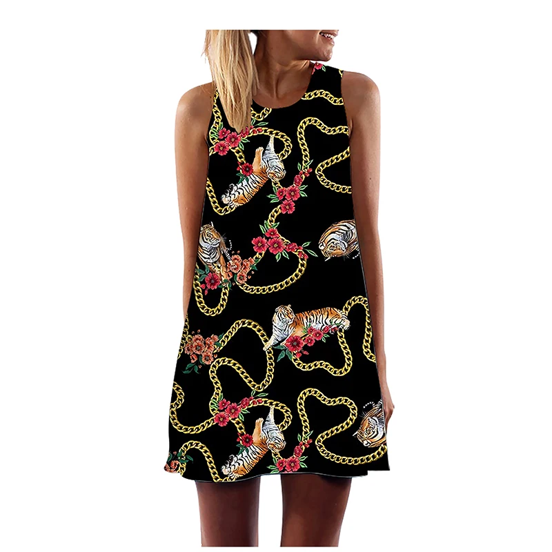 Женский сарафан без рукавов с круглым вырезом летнее свободное платье в стиле