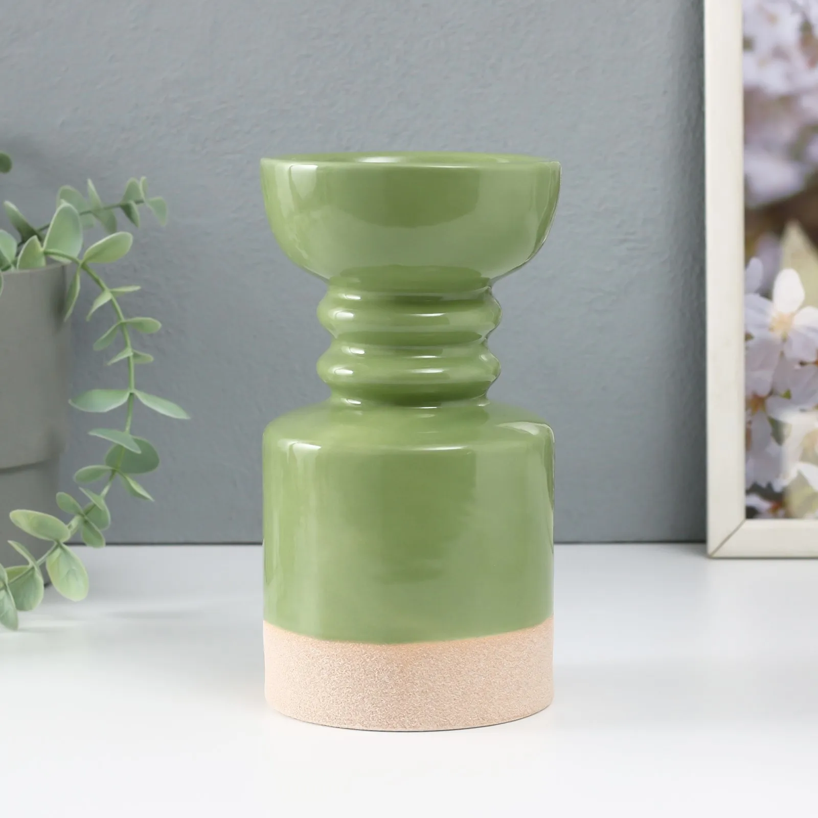 Подсвечник керамика на 1 свечу &quotАтлант&quot песочно-зелёный 9 5х9 5х17 5 см