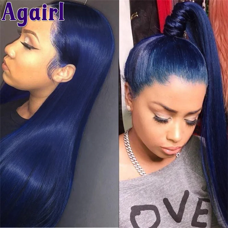 Midnight Blue Straight Lace Frontal Human Hair Wigs Brazilian 13X6 Lace Front Wig Dark Blue 180% Density Full Lace Wig for Women