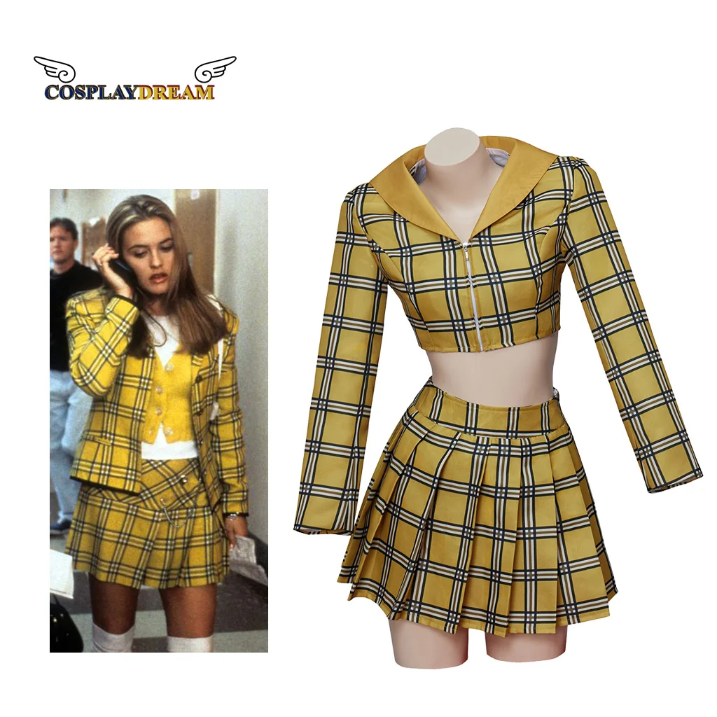 Movie Clueless Cher Cosplay Costume Horowitz Dress School Uniform Top Skirt Suit Yellow Plaid Girl Outfit Halloween Clothing