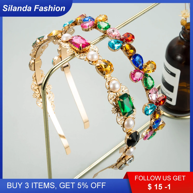 

Silanda Fashion Women Alloy Headband Elegent Baroque Rhinestone Pearl Inlaid Floral Metallic Hair Band Trendy Hair Ornaments