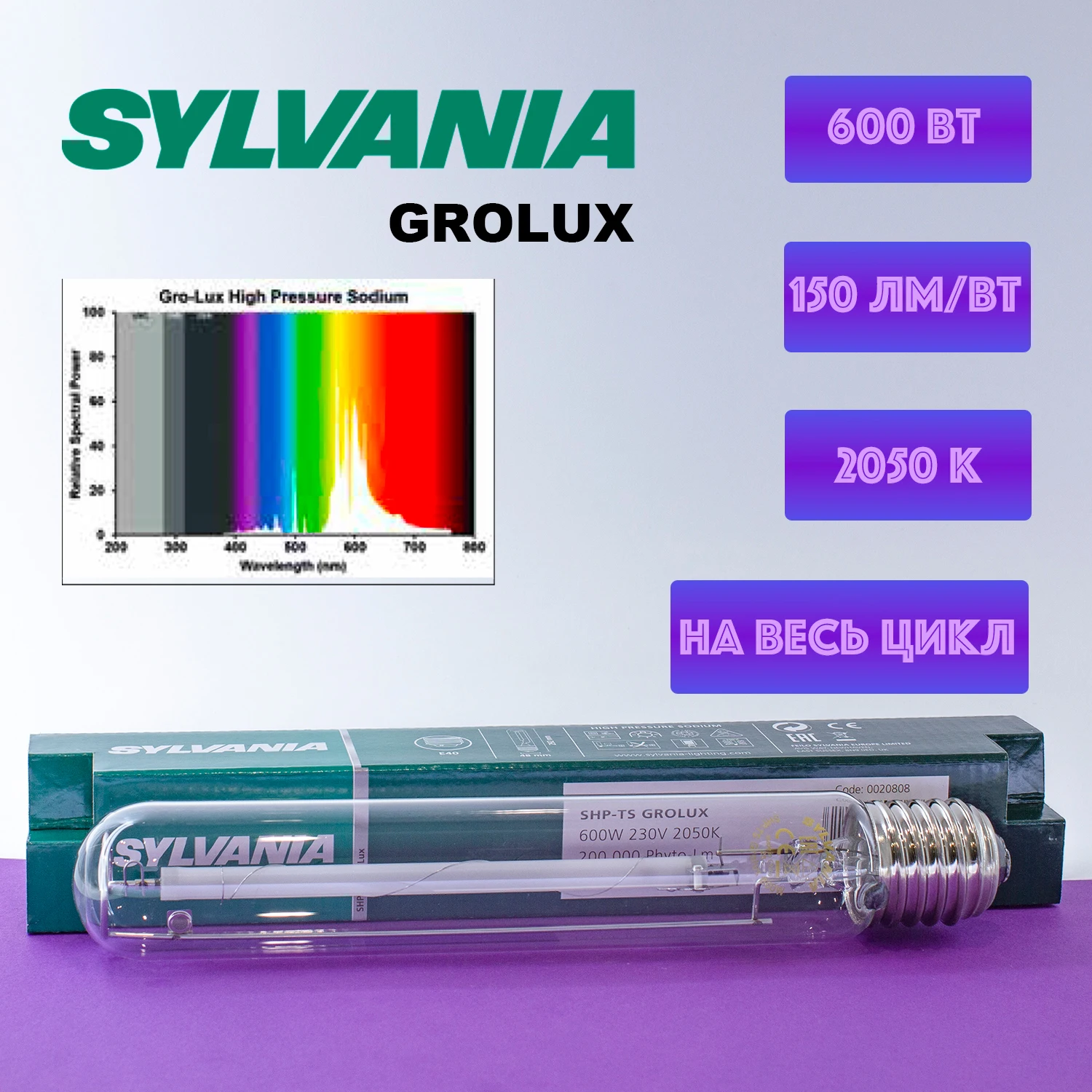Лампа ДНАТ для растений Sylvania GroLux 600 Вт 2050K E40 |