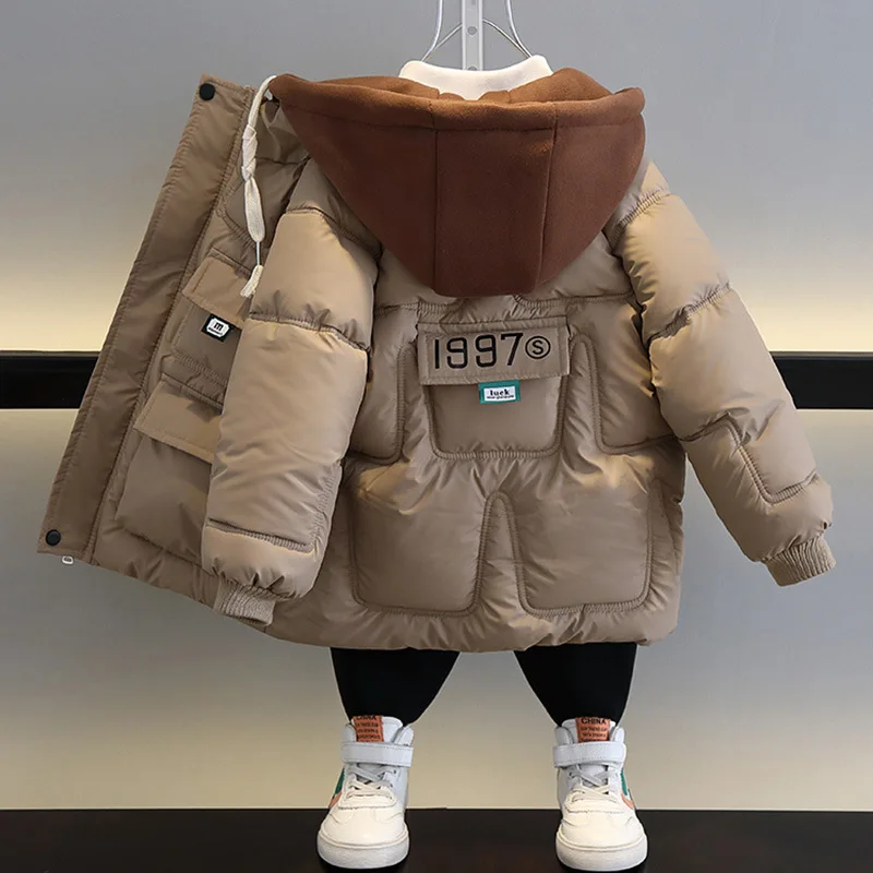 

New Winter Down Cotton Jacket Boys Black Hooded Coat Children Outerwear Clothing Teenage 3-8Y Kids Parka Padded Snowsuit