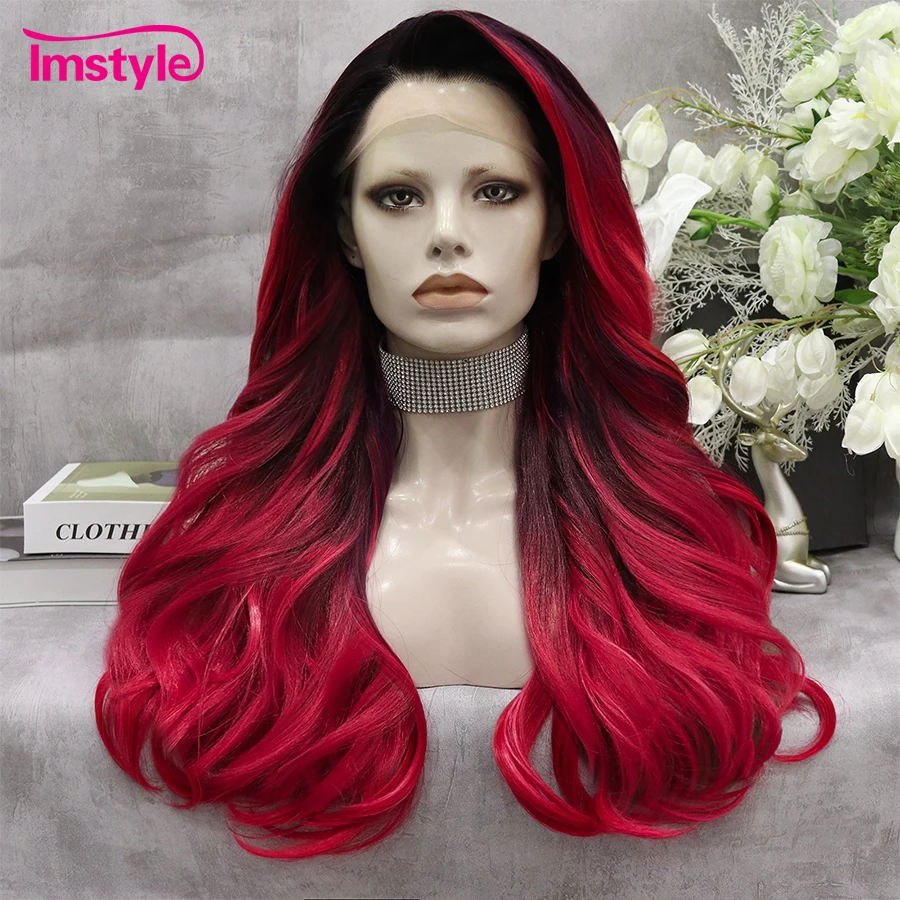Imstyle Ombre Wig Red Black Lace Front Wig Synthetic Hair Natueal Wavy Wig Heat Resistant Fiber Daily Cosplay Wigs For Women