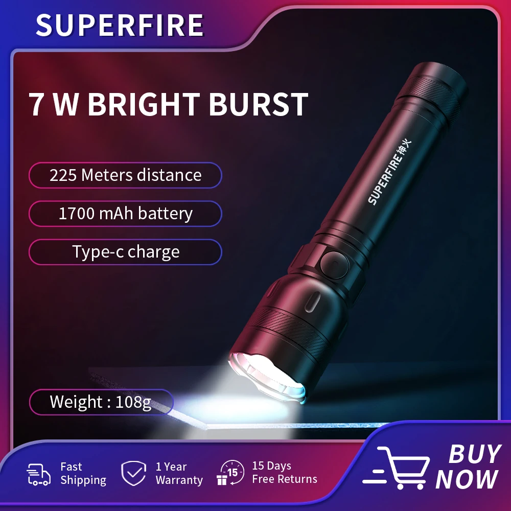 

SUPERFIRE GTS6 MINI Flashlight 5 Modes 7W Type-C USB Rechargeable 18650 Battery Ultra Bright LED Torch For Outdoor Camping