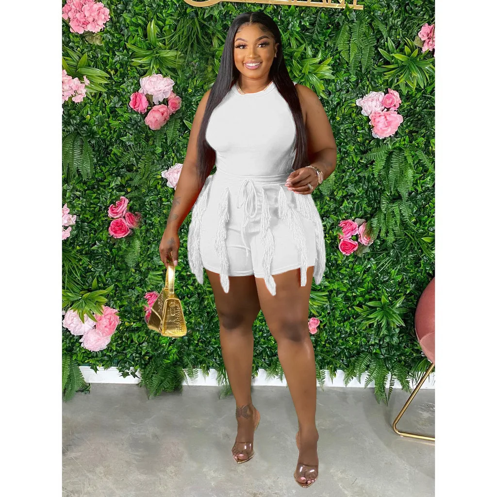

Women Two Piece Set Solid Sleeveless Bodycon High Waist Tassel Shorts 2022 Summer Fashion Tracksuits