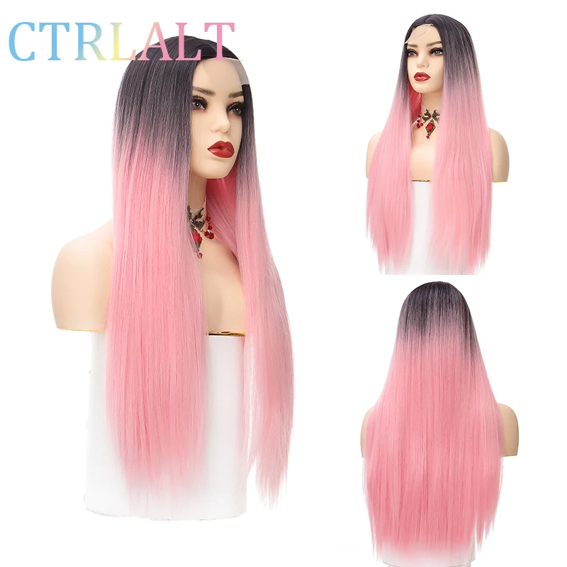 

CTRLALT Women's Synthetic Lace Wig Long Straight Hair Orange Natural Mid Part Lace Hair Cosplay Party Daily Heat Resistant Fiber