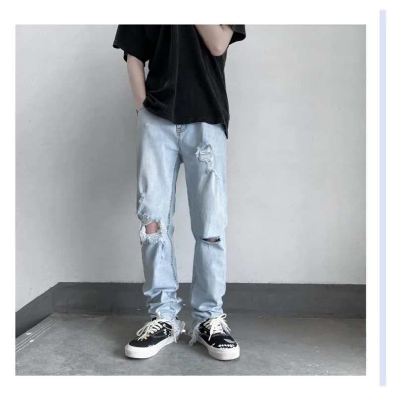 Hole Ripped Jeans for Men Korean Fashion Tights Men's Pants Hip Hop Women's Casual Trendyol Streetwear Grunge Baggy Straight