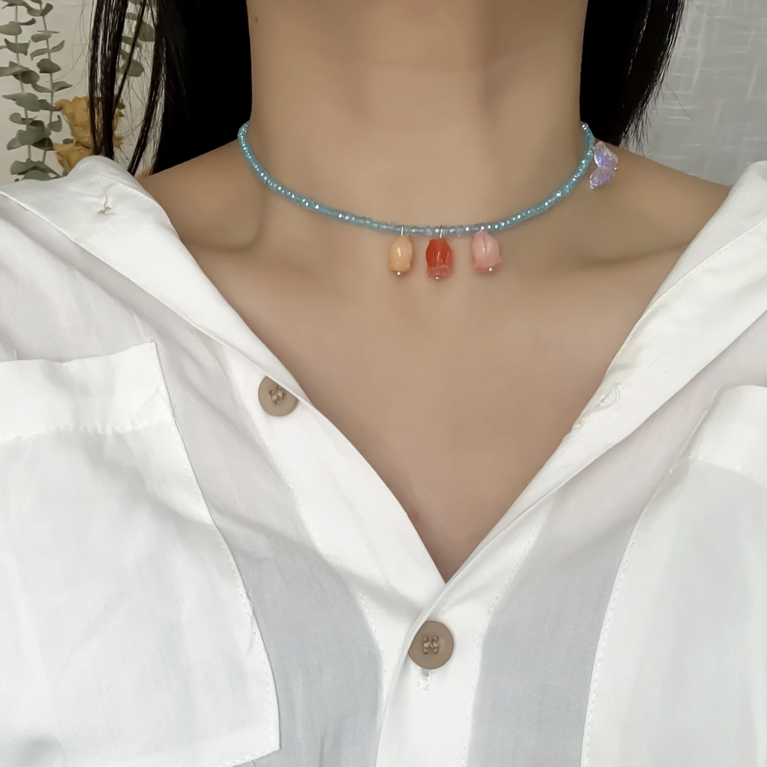 

New Korean Sweet Colorful Beads Choker Necklace Shell Butterfly Flower Cute Short Chain Necklace for Women Fashion Jewelry Gifts