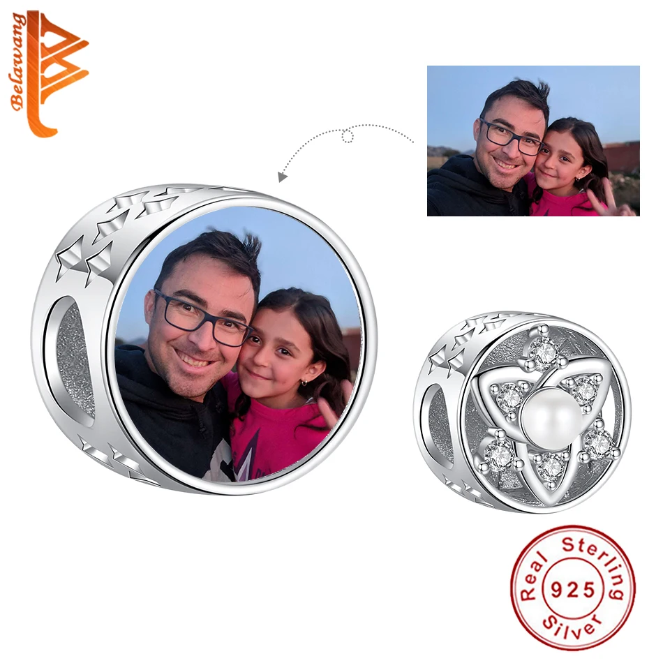 

2022 Fashion New 925 Sterling Silver Zircon Pearl Round Bead Custom Photo Charms Fit Bracelet For Women DIY Jewelry Making