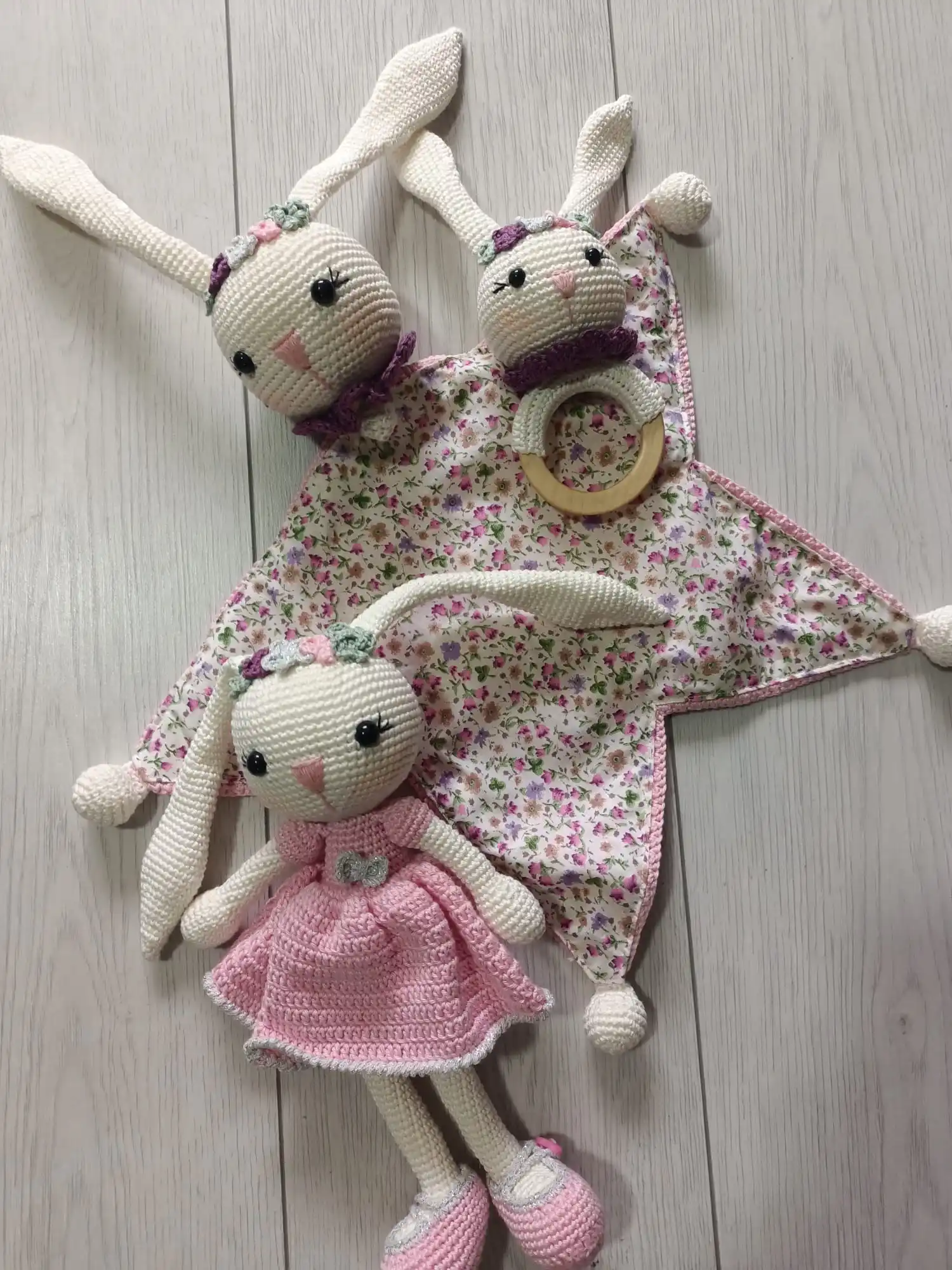 Hand Zanaatı Amigurimi Toy Long Ear Triple Rabbit Set Babys First Sleeping Playmate Quality Healthy Safe