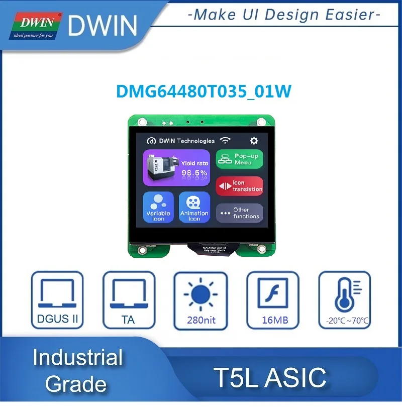 DWIN 3.5 Inch 640*480 Pixels Resolution Industrial Grade HMI IPS-TFT-LCD TTL/RS232 UART Serial Smart Display DMG64480T035_01W