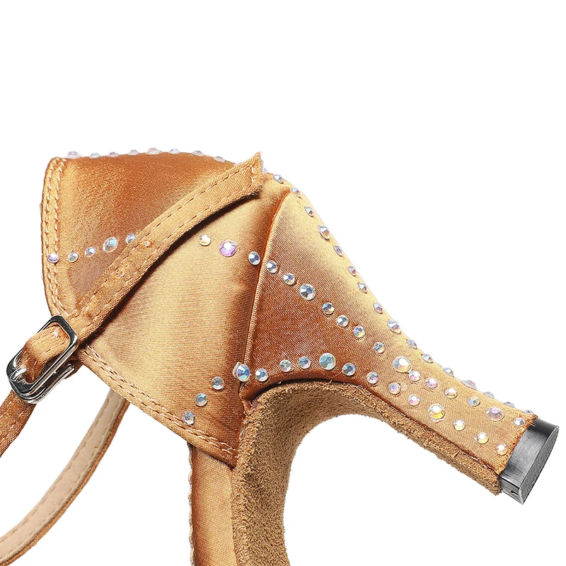 Girls Brown T-strap Latin Dance Shoes for Women Soft Bottom Crystal Bacha Salsa Dancing Shoes  Girls Performace Pratice Shoes
