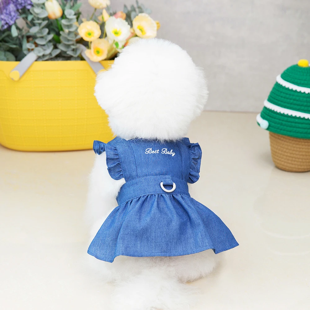 Embroidered Pet Clothes Summer Dog Dress Princess Denim Skirt Puppy Clothes For Cats Dogs Harness Vest No Leash Perro Chalecos