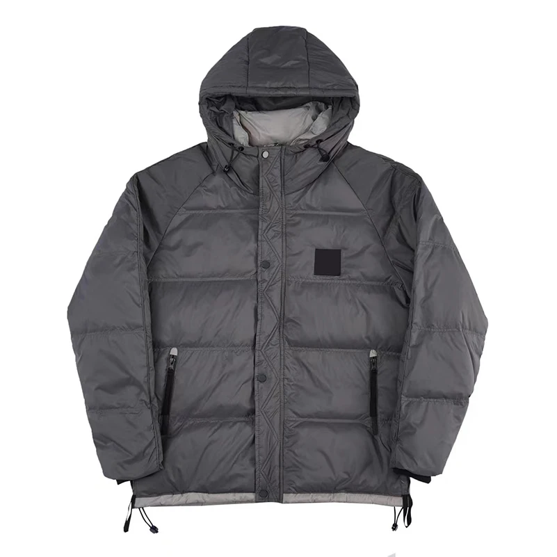 2022 Autumn Winter Warm Stone Hooded Down Jacket For Men Windproof Casual Pockets Zipper Cotton Coats Doudoune Homme Black Gray