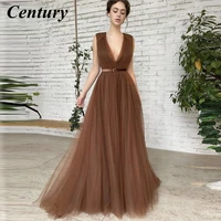 century 2022 simple tulle long prom dresses v neck sleeveless floor length evening gowns with velvet sash formal occasion dress