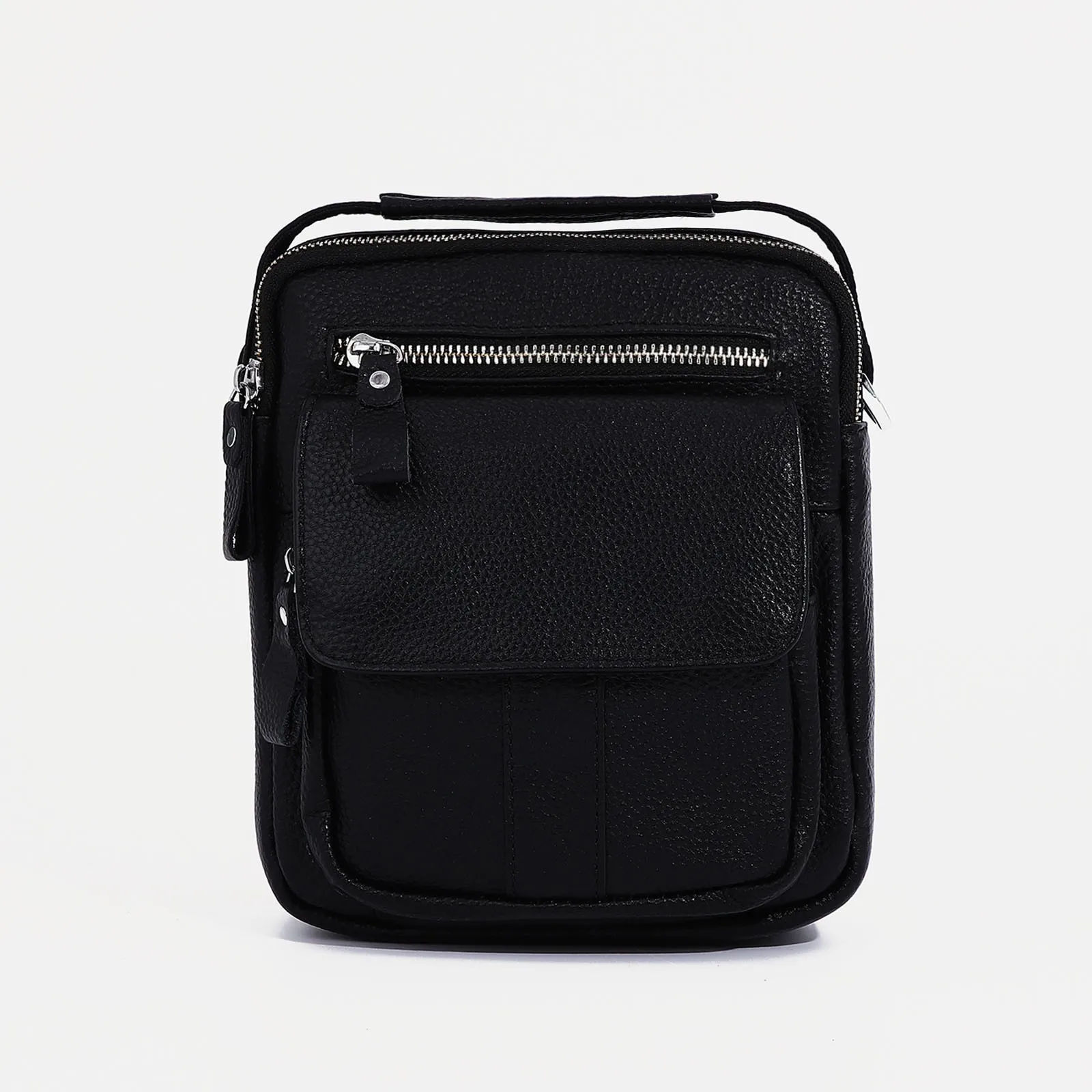 Сумка мужская на молнии 3 наружных кармана длинный ремень цвет чёрный