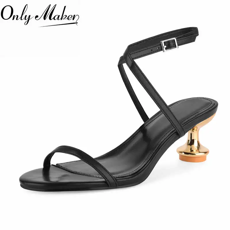 Фото Onlymaker женские босоножки на шпильке с круглым носком и пряжкой на ремешке, эластичные модные современные сандалии с открытой спиной на тонком каблуке №1