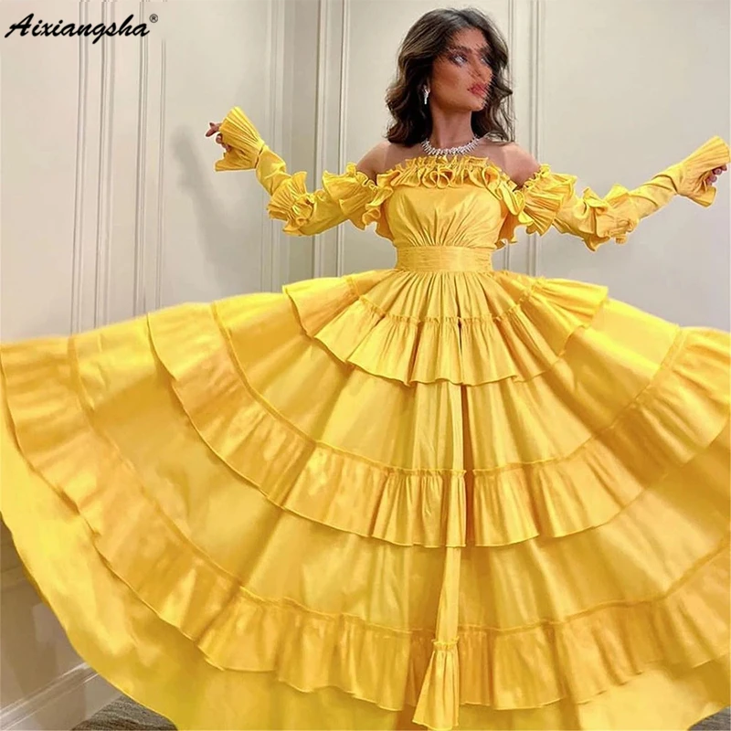 

Aixiangsha Yellow Tiered Saudi Arabia Prom Dresses Long Sleeves Ruffles A Line Formal Evening Gowns Off The Shoulder Party Dress
