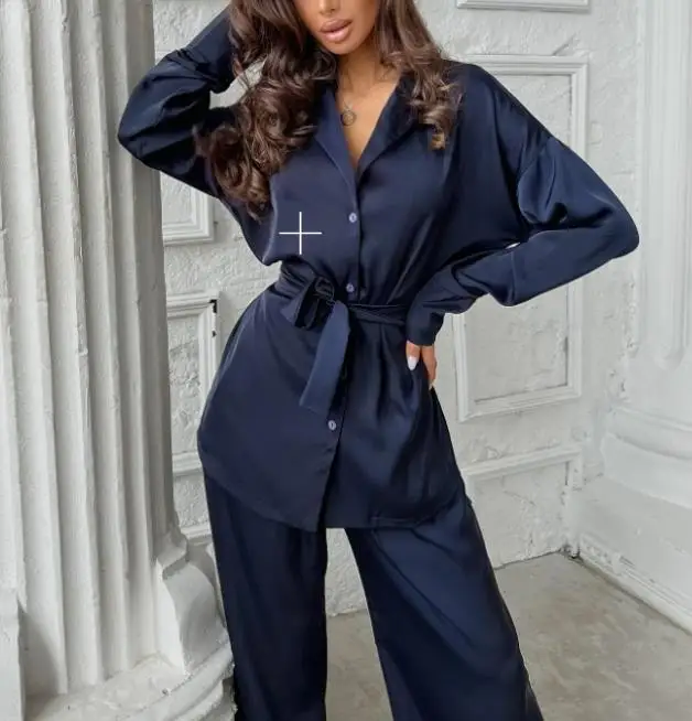 

Autumn Women satin belt kimono long pant sets elegant loose satin 2pcs sets