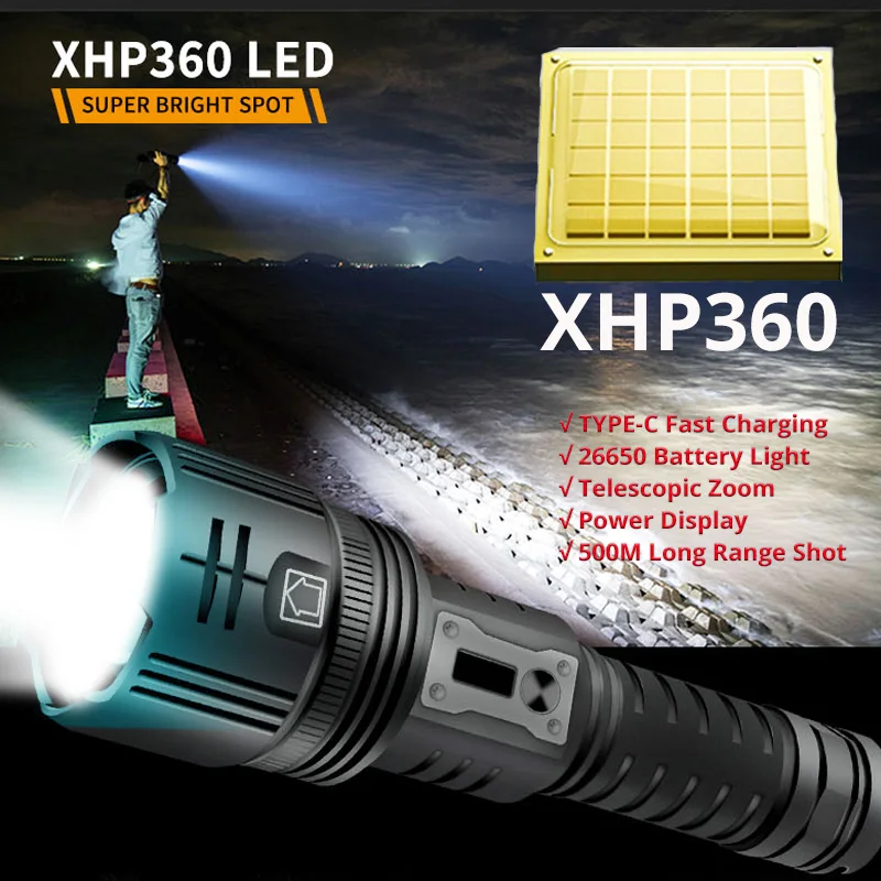Linterna LED de alta potencia XHP360, linterna táctica USB de 36 núcleos, Zoom telescópico, Banco de energía, luz de defensa personal por batería de 5200mah y 26650 mah